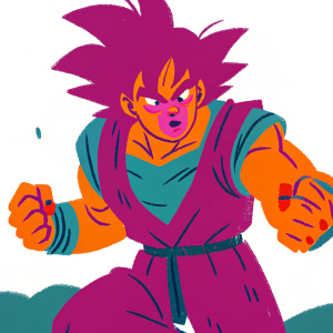 A dynamic sketch of Goku from Dragon Ball Z in Super Saiyan God SS form. Determined pose, minimal color palette, sketch-like quality, lines defining character's features and form.
