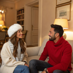 Nabilla Benattia and Thomas Vergara in a cozy living room, both wearing casual outfits. Nabilla in a white fur hat, Thomas in a red sweater.