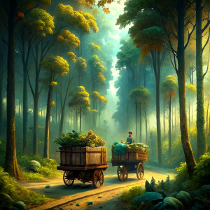 Several carts of goods rode together in the forest.