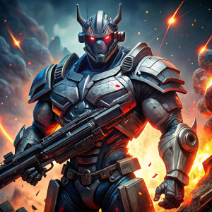 An iron robot with red eyes, huge muscles, with a machine gun in his hand, with a blue background with explosions in a helmet with horns