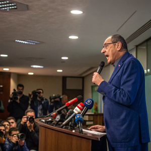 Maurizio Sarri, an Italian football manager, stands in a press conference room. Wearing a blue suit and giving a passionate speech.