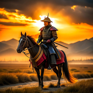 crear la imagen de un guerrero samurai, en su armadura lleva su nombre "Douglas" regresando a su a su imperio chino en su caballo, colores de un atardecer radiantes, full hd 8k