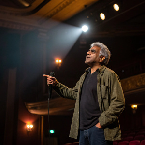 Prakash Belawadi, Indian actor, captured in an intense dramatic pose. Candid moment in a dimly lit theater with spotlight. Theatrical backdrop