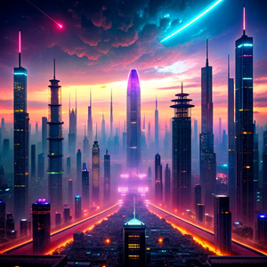 A neon-lit cyberpunk cityscape, where sentient AI constructs and autonomous drones navigate the labyrinthine streets amid holographic billboards and flickering signs.



