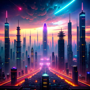 A neon-lit cyberpunk cityscape, where sentient AI constructs and autonomous drones navigate the labyrinthine streets amid holographic billboards and flickering signs.



