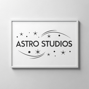 Modern logo design for Astro Studios. Black text on a stark white background, minimalist style.