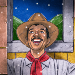 Cartoon illustration of Cantinflas, a famous Mexican actor. Big smile, long mustache, brown hat, red scarf, joyful expression. Festival backdrop