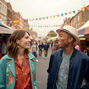 Alexa Chung and Pharrell Williams mingling at a bustling outdoor street fair. Vibrant festival atmosphere with diverse crowd and various stalls.