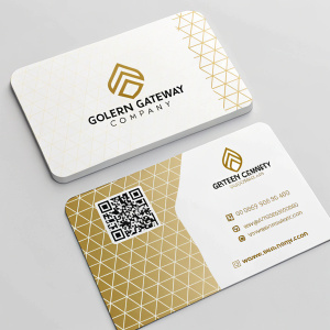 Business cards for Golden Gateway company. Clean, professional design featuring golden logo and QR code. Grid pattern on neutral background. Modern logo and digital QR code linking to company's website or information.