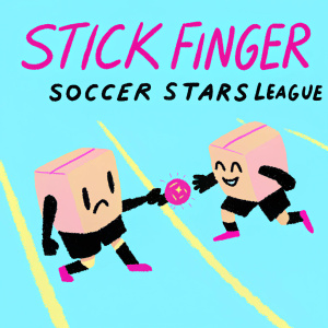 Cartoon-style animation of Stick Finger Soccer Stars League. Game features pixelated characters playing soccer on a vibrant field.