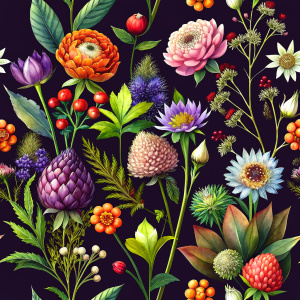 DARK BROWN  background, watercolor image with dark brown   background , oliveWAXFLOWER ,cream  protea  ,mentha ,campanula ,POPPY wild lupine , brown ALLIUM,carmine  WILD BERGAMOT , green RATTLESNAKE MASTER ,nodding onion , ZINNIA , PARROT TULIP , ivory achillea, physalis , watercolor, dark brown  background