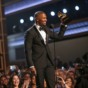 Jamie Foxx accepting an award at the Grammy Awards. Dressed in a black tuxedo. Crowd cheering and flashing cameras.
