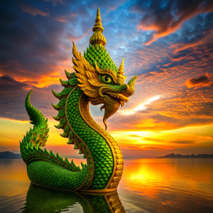 Full body of one Naga, realistic colors, Thai art style, gold, green, round red eyes, with Mekong River cg background 64k, special quality, depth of field, beautiful light, large circular sun. that is setting Sharp details, complex 3D