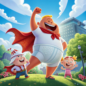 Poster for Captain Underpants: The First Epic Movie. Outdoor scene with the main characters in a fun, playful pose.