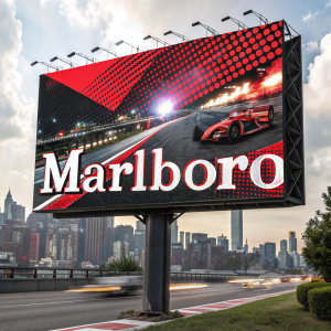 Digital billboard ad for Marlboro. Dynamic and vibrant design. Pixelated red and black theme with Marlboro logo