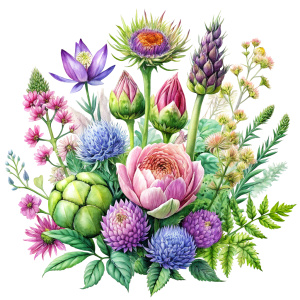 watercolor image , artichokes  ,pink centaurea ,nigella ,mentha ,, hydrangea , wild lupine ,compass plant ,dogwoodevening primrose ,nodding onion , cosmos,scilla,hosta ,achillea,carly dock ,bee balm , physalis , watercolor,  background