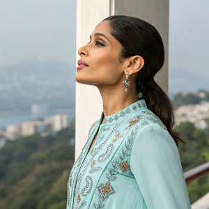 Freida Pinto, Indian actress, in a light blue blouse with intricate patterns. Standing gracefully in front of a blurred cityscape background.