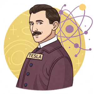 Illustration of Nikola Tesla. Cartoon style. Broad face, mustache, name tag 'Tesla'. Vibrant yellow, brown, and purple colors. Set against background with circular graphic symbolizing atom structure. Playful and engaging design.