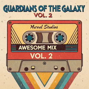 Poster for Guardians of the Galaxy Vol. 2 by Marvel Studios. Retro tape cassette design with 'Awesome Mix Vol. 2' and bold movie title. Colorful, nostalgic theme.