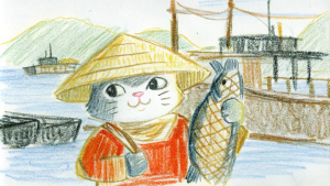 A happy, smiling cat dressed as an Asian fisherman, holding up a giant sea bass it caught. A Japanese fishing port is in the background. The style of the photo suggests it was taken by an amateur on an iPhone 5s and posted to Reddit in 2018, in a style similar to Pixar Studios..