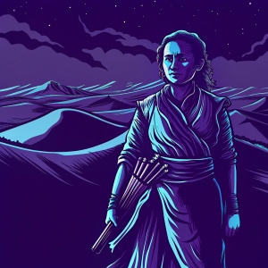 Katara from Avatar: The Last Airbender, amidst a vast desert landscape. She is surrounded by large sand dunes and holding art supplies.