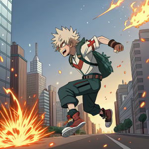 Bakugo Katsuki, hero academy student, digital art. Leaping stance, surrounded by fiery explosions, cityscape background