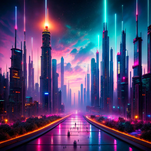 A neon-lit cyberpunk cityscape, where sentient AI constructs and autonomous drones navigate the labyrinthine streets amid holographic billboards and flickering signs.



