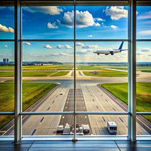 in the foreground there is a runway, in the background there is an airport from the window of which planes are visible