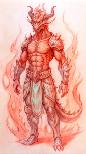 Muscular dragon god in armor fire