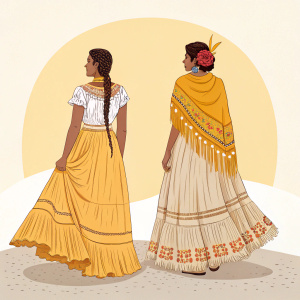 Digital illustration showcasing two women in traditional South American clothing. Long skirts with fringes and flowing designs. Warm yellow and beige hues. Flat style with intricate textures and patterns. Back view of the figures.