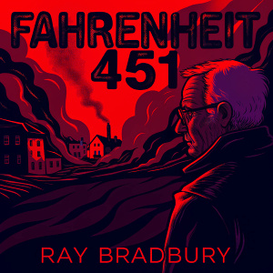 Book cover illustration for 'Fahrenheit 451' by Ray Bradbury. A burning city with orange and gray hues. An older man with glasses stands on the right.