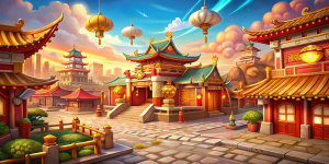 red gold cartoon china town wallpaper background game style best quality 4k hd image