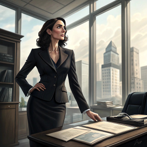 Annie Parisse as A.D.A. Alexandra Borgia, stands confidently in a modern office. Wearing a black suit with structured blazer and pencil skirt. Dark hair styled professionally. The background features large windows with cityscape view and a sleek desk with legal documents.