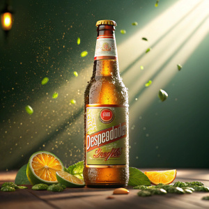 Desperadis beer promotional image. Vibrant and modern 3D graphic design. Sleek bottle, frothy head, dynamic lighting.
