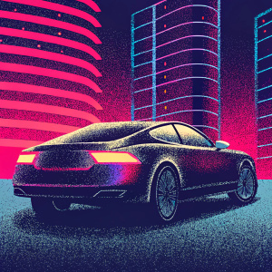 A digital rendering of an Audi RS7. The car is predominantly black with glossy finish and intricate details. Futuristic urban landscape with curved skyscrapers and vibrant lighting.