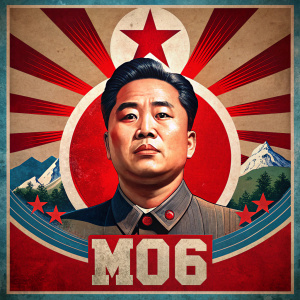 create a North Korean propaganda poster with letters "MO6" at the top