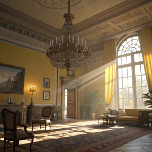 In the lavish chamber of Hitman: Elite Squad 3, a detailed 3D scene unfolds. Majestic chandelier hanging from ceiling. Grand window allowing sunlight to pour in. Array of furniture including chairs, table, and sofa. Warm yellow and neutral tones dominate. Soft, natural lighting casts a golden glow. A luxurious and refined setting.