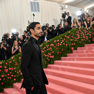 Riz Ahmed at the Met Gala, wearing a black tuxedo. Crowded steps, glamorous atmosphere, numerous photographers