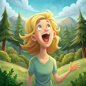 señora rubia gritando alegre desde lejos frente al bosque, ilustrado en caricatura infantil