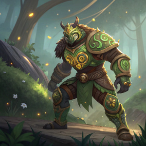 Digital art of Orisa in dynamic pose. Forest Spirit skin. Green, brown, gold hues. Intricate armor design. Detailed chest with swirling patterns.