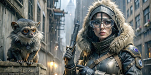 ночная улица, женщина в sci-fi костюме и капюшоне в стиле киберпанк, в маске и в очках, в руке sci-fi бластер, скрывается за углом дома, на ее плече сидит маленький  пушистый зверек, кругом рекламные огни, идет дождь