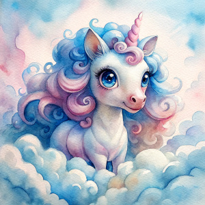 cute big eye unicorn on fluffy cloud 