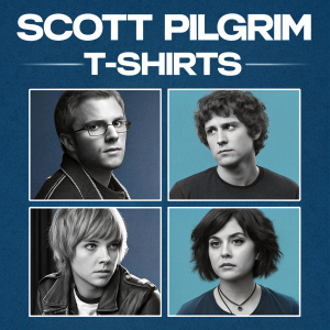 Digital illustration for Scott Pilgrim T-Shirt series poster. Blue backdrop. Grid layout. Multiple headshots. Top reads 'Scott Pilgrim T-SHIRTS'. Modern graphic design, clean grid, limited color palette.