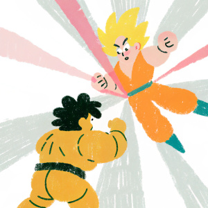Broly and Goku engaged in a fierce battle. Broly stands dominant in front with dynamic stance. Goku stands behind, showing determination.