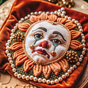 a velvet cloth with a bead embroidery of a sad clown face