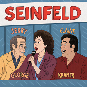 Cartoon strip featuring main characters from Seinfeld. Jerry, Elaine, George, and Kramer in vibrant colors. Blue backdrop with red text overlays adding humorous context.