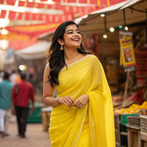 Rashmika Mandanna, Indian actress, standing in a busy market. Wearing a yellow saree and a wide smile. Background is colorful and vibrant.
