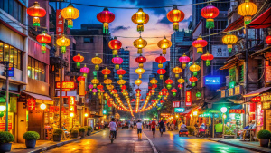 Yaowarat street at night, filled with colorful neon signs. Chinese lanterns hang along the street, along with bright neon signs.