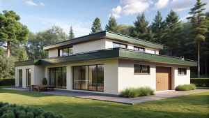 Bauhaus-style modern house with green flat roof and large windows