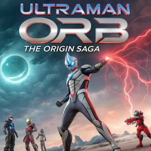 Promotional poster for 'Ultraman Orb: The Origin Saga'. Large Ultraman Orb dominates the foreground. Stormy sky and various characters in dynamic poses. Colors: metallic grey, vibrant red, cool blue.